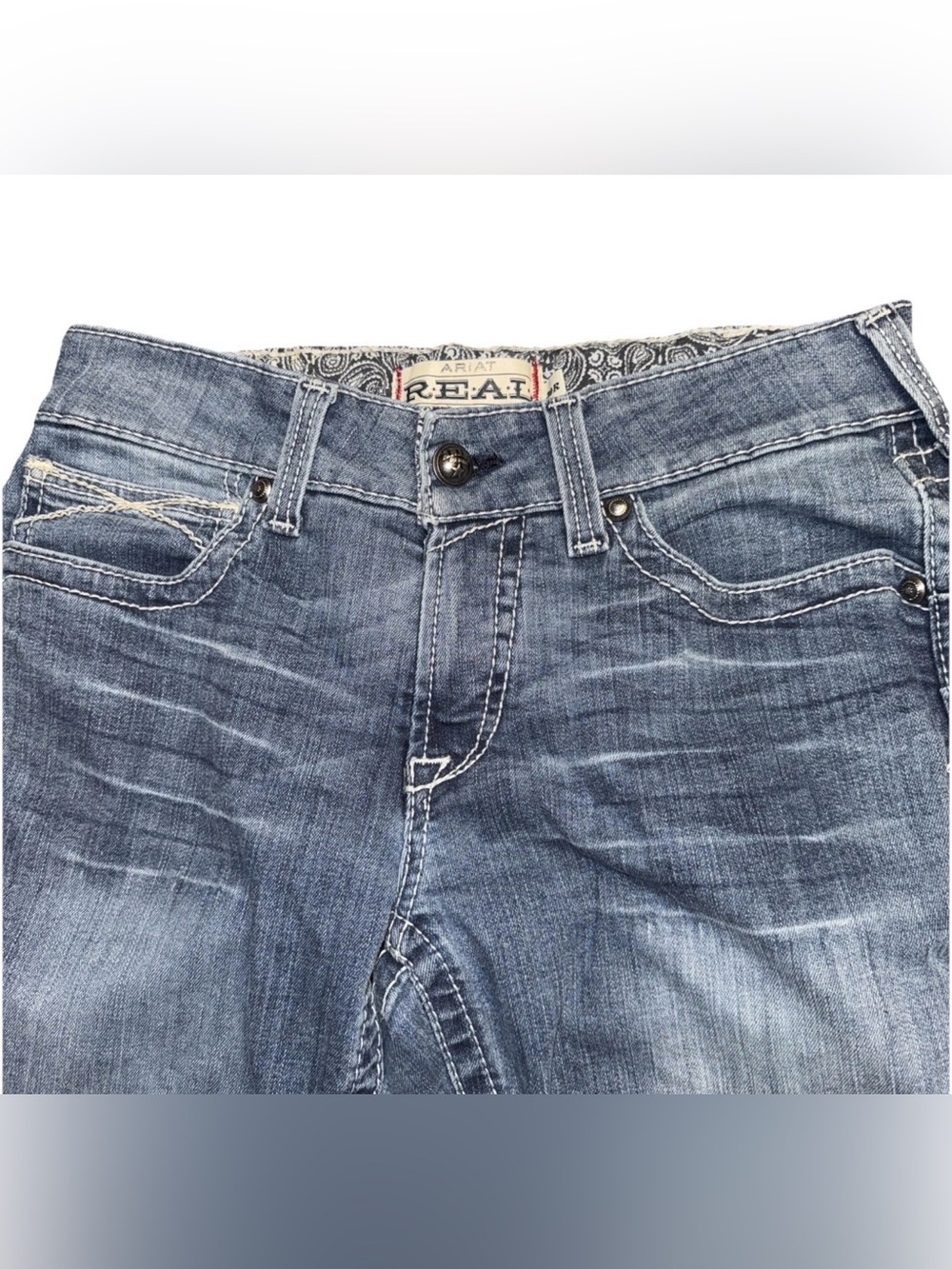 Ariat Real Denim Jeans Size 30x30 Cutoffs Raw Hem Thick Stitch Western Flaws - Picture 5 of 13